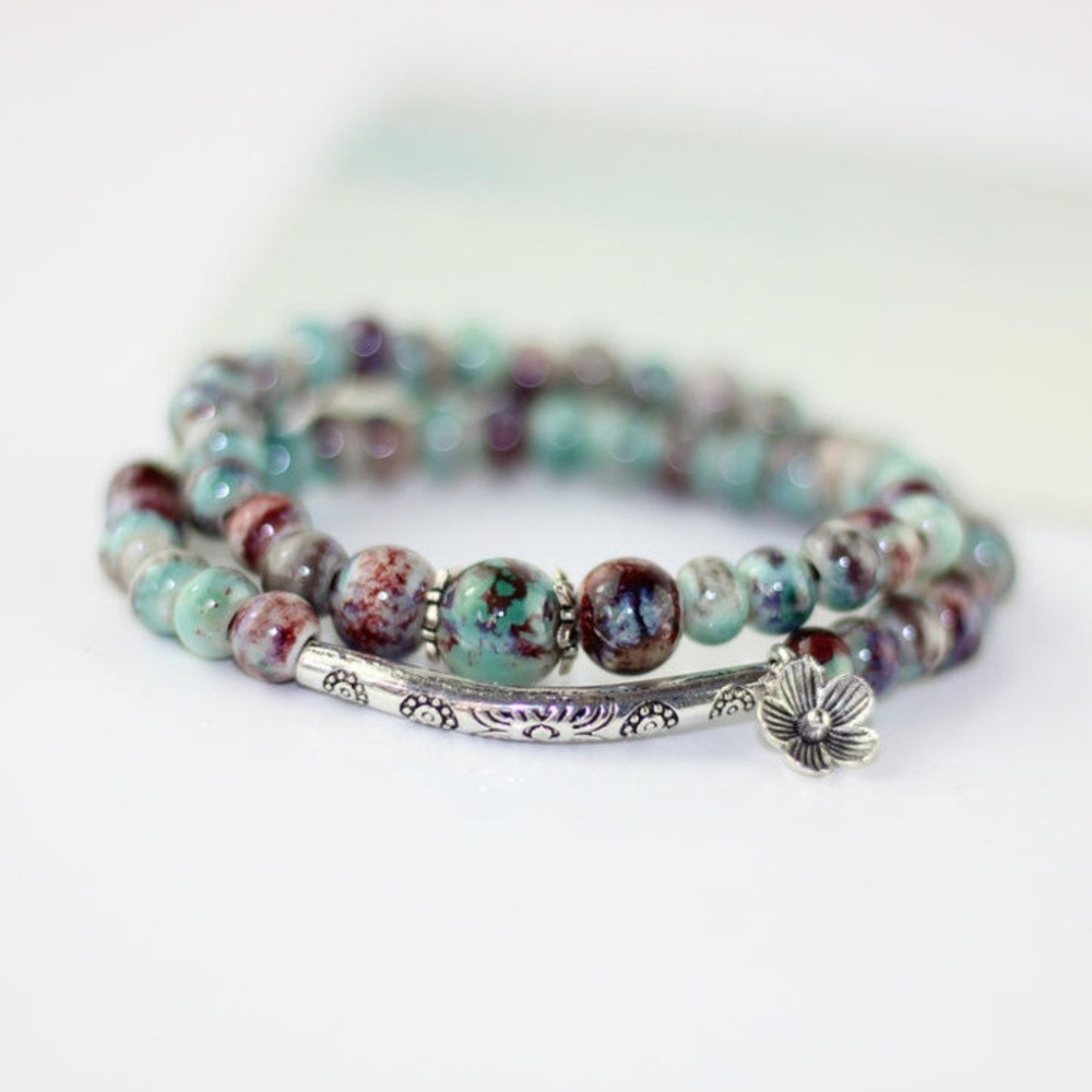 Beaded Floral Charm Wrap Bracelet - Picture 1 of 7